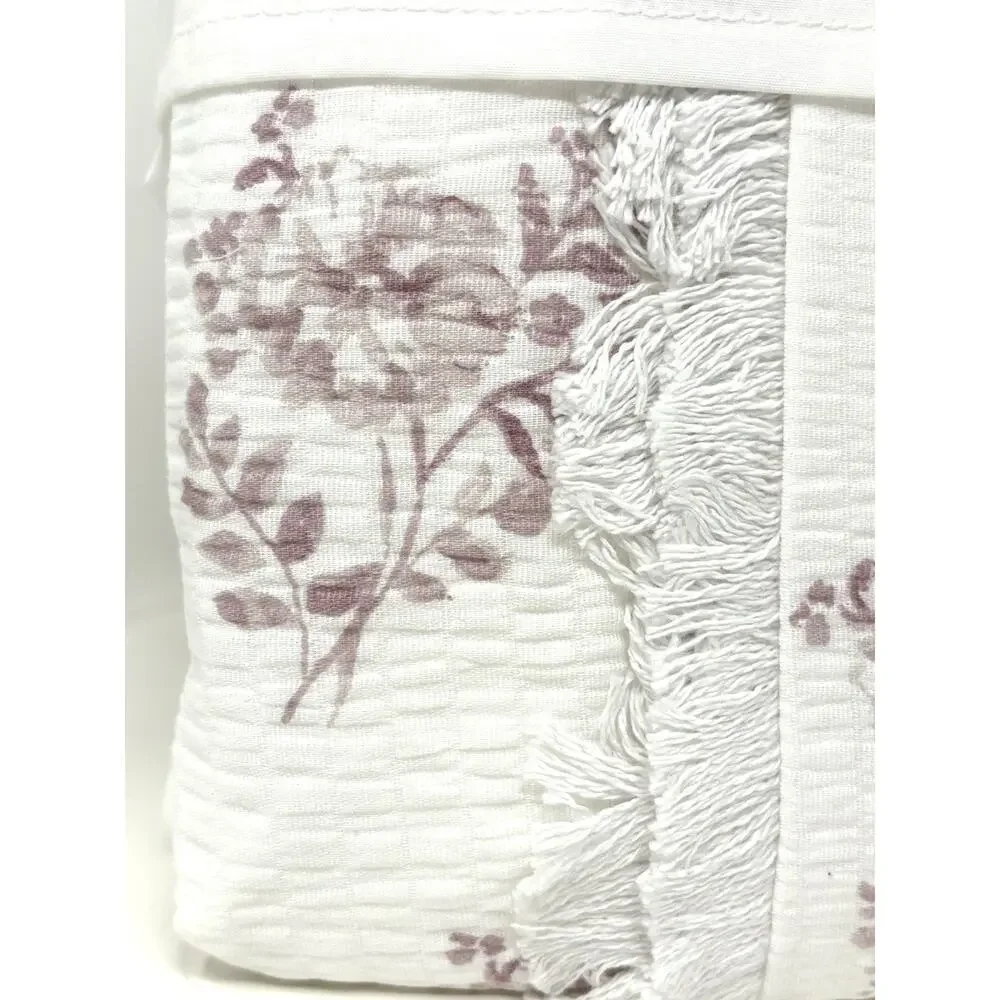Shabby Chic Cotton Floral Woven KING Size Duvet Set White Rose Pink Fringe